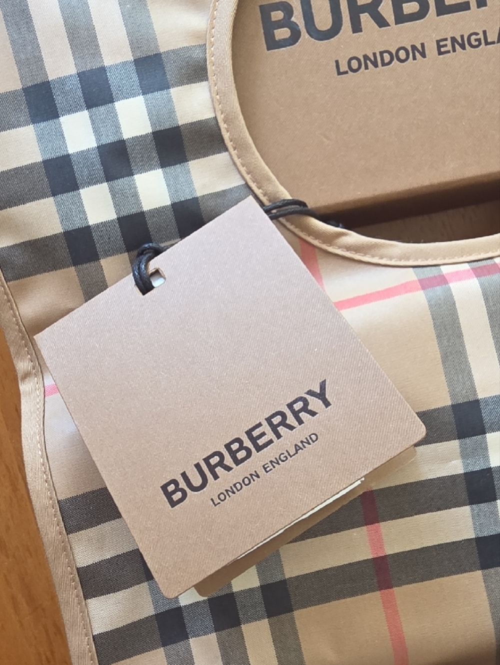 Burberry Beige Nova Check Baby Bib with Pink & Black Stripes - Picture 2 of 9